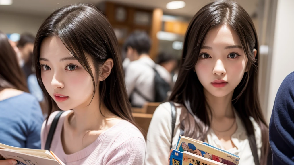 Reading Manga in Tokyo、A cute 20 year old girl、Medium Hair,Natural color lip, Blur the background、Physiologically correct body