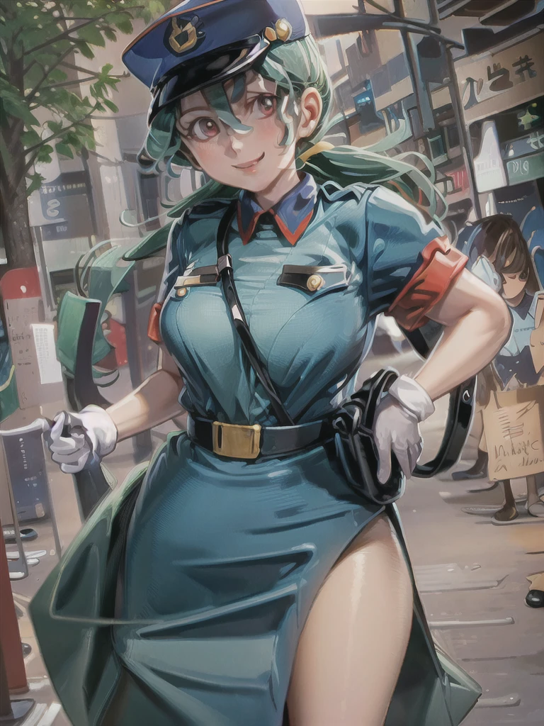 masterpiece, best quality, ultra-detailed, officer jenny, pokemon, 1girl, solo, long hair, smile, red eyes, green hair, white gloves, police hat, miniskirt, bag, star (symbol), uniform, blue skirt, blue shirt, pencil skirt, brown pantyhose, police uniform, realistic, city background volumetric lighting, intricate details, tonemapping, sharp focus, hyper detailed