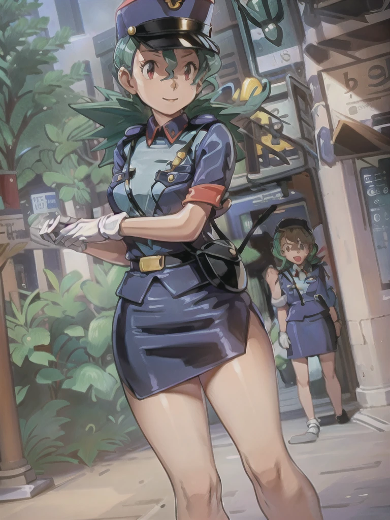 masterpiece, best quality, ultra-detailed, officer jenny, pokemon, 1girl, solo, long hair, smile, red eyes, green hair, white gloves, police hat, miniskirt, bag, star (symbol), uniform, blue skirt, blue shirt, pencil skirt, brown pantyhose, police uniform, realistic, city background volumetric lighting, intricate details, tonemapping, sharp focus, hyper detailed