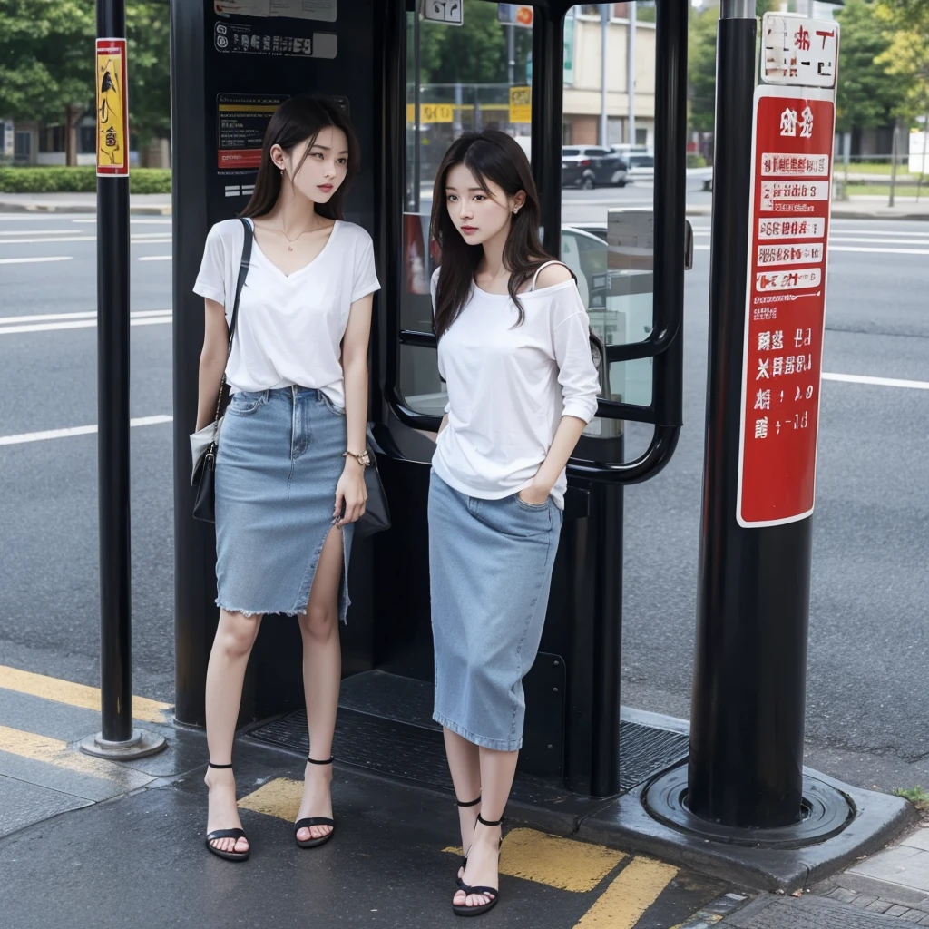 Please draw a beautiful lady with temperament，Wear casual clothing，Then the bus stop sign