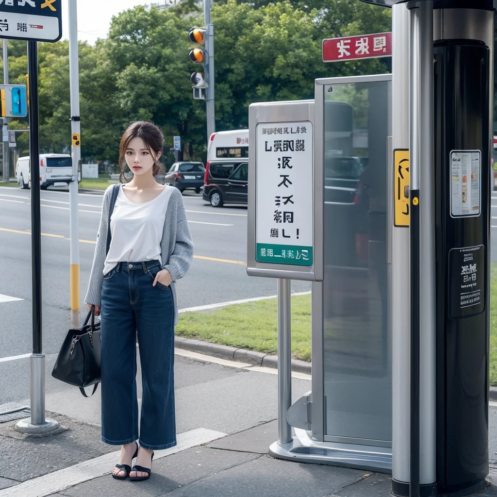 Please draw a beautiful lady with temperament，Wear casual clothing，Then the bus stop sign