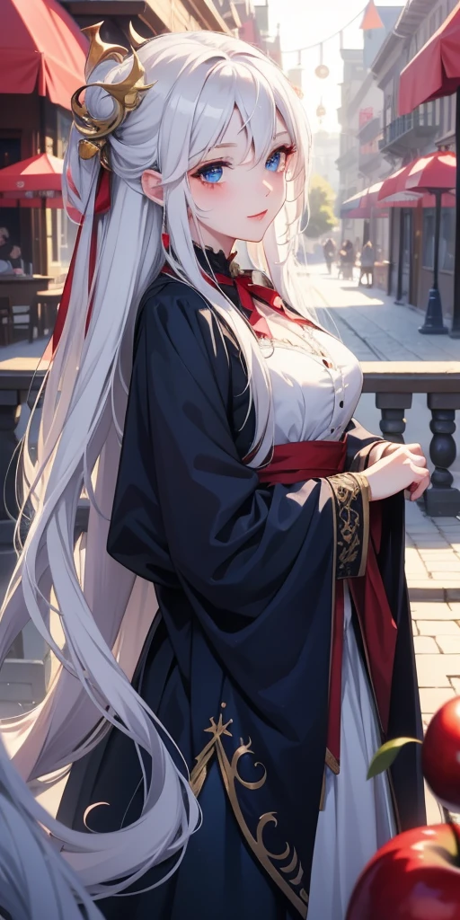 best quality fantasy art of an adorable chibi Vampire queen, long white hair, blue eyes, apple, light bokeh, kawaii scene