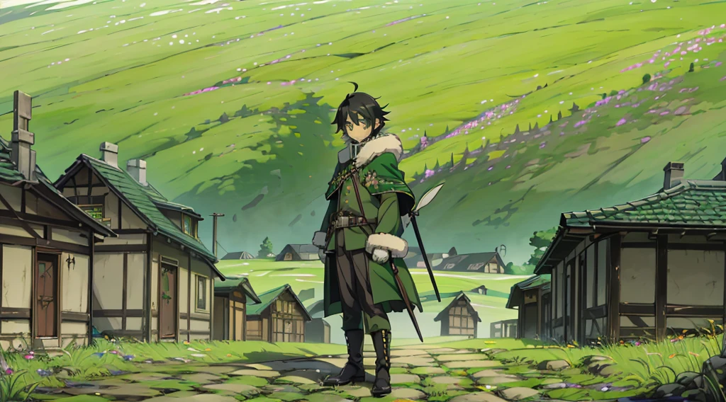 yuichiro hyakuya, (WithoutFear:1), 1 boy, black hair, green eyes, brown coat, gray armor, green shield, green cloak, dark brown gloves, town, white fur trim, tall, anime, standing, good quality, portrait, looking at viewer