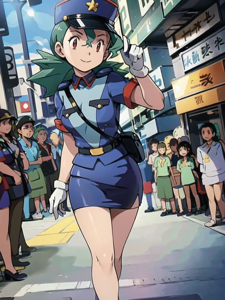 masterpiece, best quality, ultra-detailed, officer jenny, pokemon, 1girl, solo, long hair, smile, red eyes, green hair, white gloves, police hat, miniskirt, bag, star (symbol), uniform, blue skirt, blue shirt, pencil skirt, brown pantyhose, police uniform, realistic, city background volumetric lighting, intricate details, tonemapping, sharp focus, hyper detailed