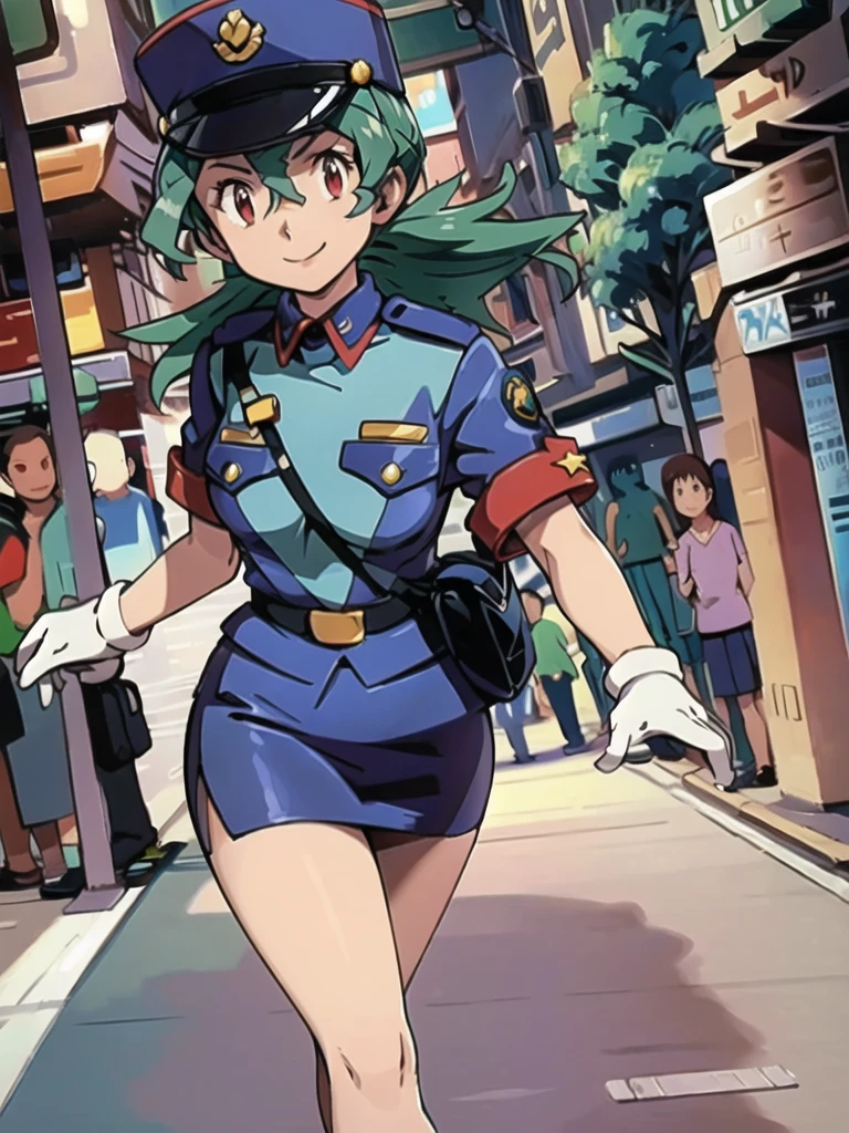masterpiece, best quality, ultra-detailed, officer jenny, pokemon, 1girl, solo, long hair, smile, red eyes, green hair, white gloves, police hat, miniskirt, bag, star (symbol), uniform, blue skirt, blue shirt, pencil skirt, brown pantyhose, police uniform, realistic, city background volumetric lighting, intricate details, tonemapping, sharp focus, hyper detailed