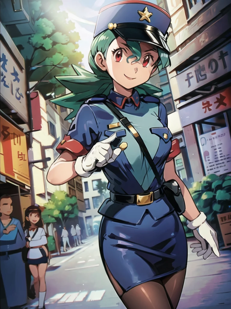 masterpiece, best quality, ultra-detailed, officer jenny, pokemon, 1girl, solo, long hair, smile, red eyes, green hair, white gloves, police hat, miniskirt, bag, star (symbol), uniform, blue skirt, blue shirt, pencil skirt, brown pantyhose, police uniform, realistic, city background volumetric lighting, intricate details, tonemapping, sharp focus, hyper detailed