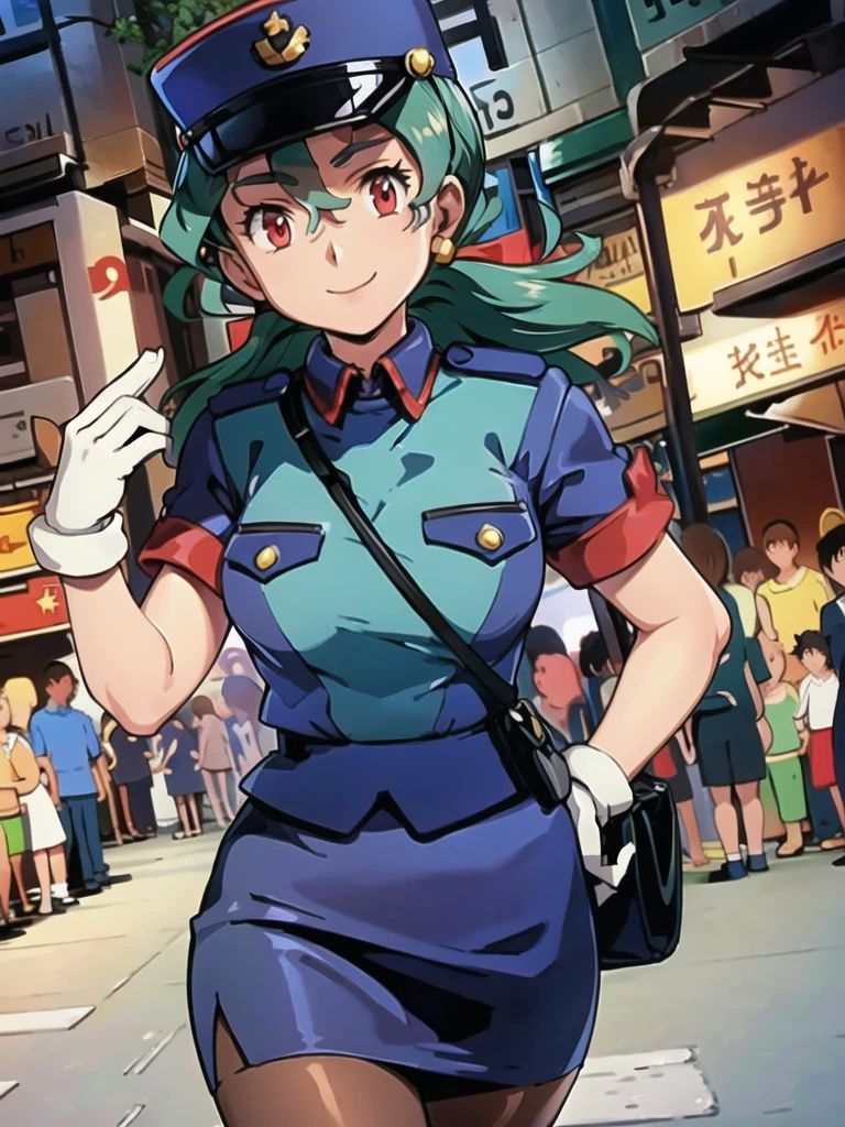 masterpiece, best quality, ultra-detailed, officer jenny, pokemon, 1girl, solo, long hair, smile, red eyes, green hair, white gloves, police hat, miniskirt, bag, star (symbol), uniform, blue skirt, blue shirt, pencil skirt, brown pantyhose, police uniform, realistic, city background volumetric lighting, intricate details, tonemapping, sharp focus, hyper detailed