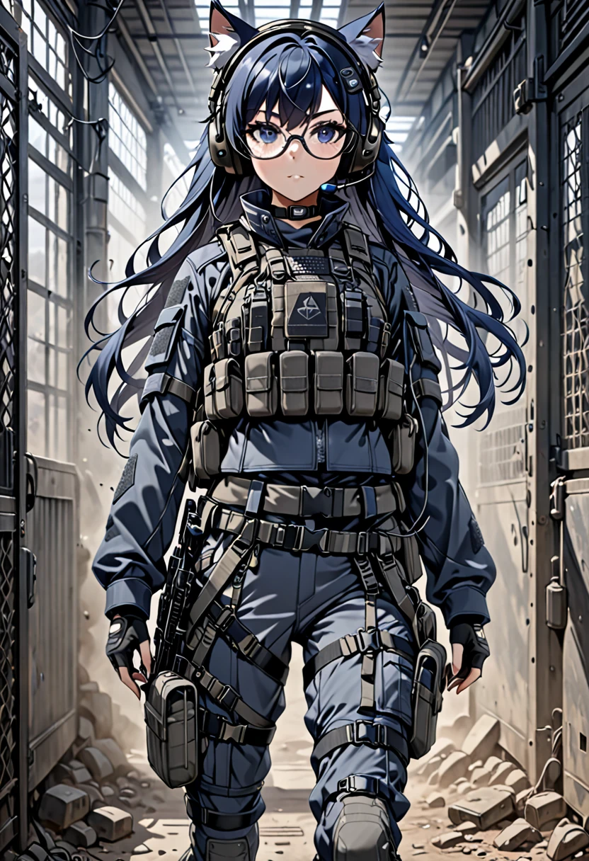 8K Ultra High-Quality, ultra-detailed, High quality, Dark Blue hair, Long hair, Headset, Goggles, cat girl, Grey Tactical clothes, Military clothes, body harness, Looking at viewer, choker, glasses, full body