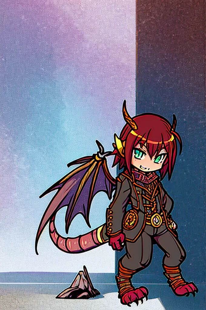 (((male, solo, winged kobold boy, dark red scales,fantasy clothes, artficer,steampunk, dragon wings, dragon tail, small, chibi))), artficer clothes, warm color clothes, fantay clothes,sea green eyes, artficer,small heigth, 54 centimertes heigth,horns, claws, tail, scales, fangs, masterpiece, cute, (((fullbody))), male
