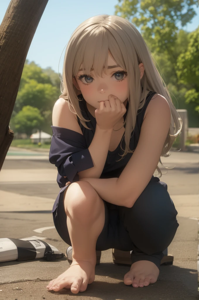 Panties with horizontal stripes、spread legs with squatting pose、M-shaped legs、Spread your legs、Sit on the ground、I'm looking away、In town、bustling street、cap、Shoulder bag、mini skirt、Private Server、Girl、Girl、Younger、Baby Face、flat chest、Dynamic Angle、Glaring、Both eyes open、Voyeur style、ground
