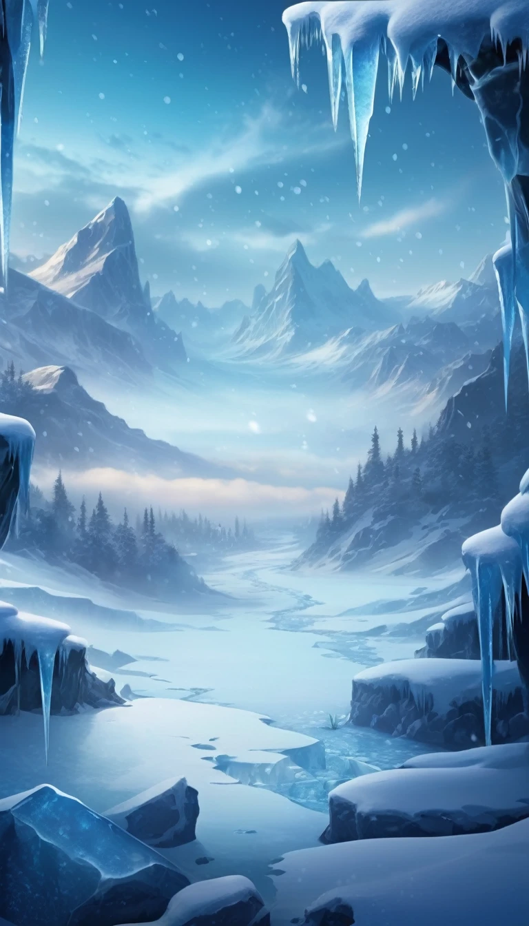 There is a photo of a frozen landscape covered in snow, Frozen tundra background, background technologywork, background technology, Winter concept art, Icicles background, icy landscape, theme :&#39;Icewind Dale&#39;, Game Background, iceberg, Cold Environment, 背景中的iceberg, Snowfield, snowy environment, mobile Game Background, Odin&#39;s Stone Arena Background