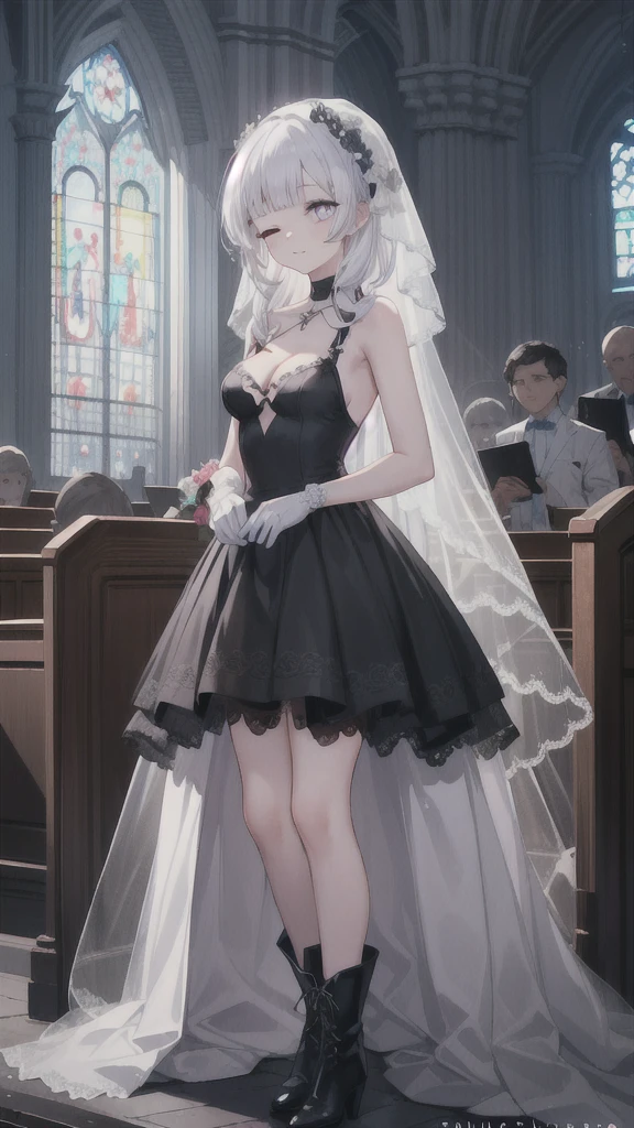 A girl，，Long hair, Bangs, White hair, Hair between the eyes, Purple Eyes:（1.5),  (Medium breasts:1.2), 
rest  锁骨, Wedding dress，veil，wedding，Black dress，Flowers，dress，Black socks，Black knee socks，Black gloves，Long boots，Cleavage，
Looking at the audience, whole body, Open your mouth，lol，
indoors, church，permanent，permanent，微lol，With one eye closed，
rest (masterpiece:1.2), best quality, high resolution,  8k wallpaper, (illustration:0.8), (Beautiful and delicate eyes:1.6), Extremely detailed face, Perfect lighting, Extremely detailed CG, (Perfect hands, Perfect anatomical structure),