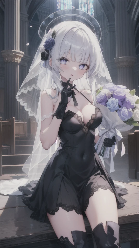 A girl，，Long hair, Bangs, White hair, Hair between the eyes, Purple Eyes:（1.5),  (Medium breasts:1.2), 
rest  锁骨, Wedding dress，veil，wedding，Black dress，Flowers，dress，Black socks，Black knee socks，Black gloves，Long boots，Cleavage，
Looking at the audience, whole body, Open your mouth，lol，
indoors, church，permanent，permanent，微lol，With one eye closed，
rest (masterpiece:1.2), best quality, high resolution,  8k wallpaper, (illustration:0.8), (Beautiful and delicate eyes:1.6), Extremely detailed face, Perfect lighting, Extremely detailed CG, (Perfect hands, Perfect anatomical structure),