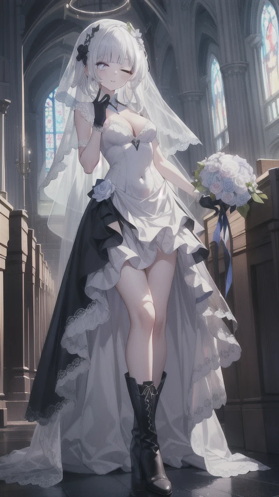 A girl，16 years old，Long hair, Bangs, White hair, Hair between the eyes, Purple Eyes:（1.5),  (Medium breasts:1.2), 
rest  锁骨, Wedding dress，veil，wedding，Black dress，Flowers，dress，Black socks，Black knee socks，Black gloves，Long boots，Cleavage，
Looking at the audience, whole body, Open your mouth，lol，
indoors, church，permanent，permanent，微lol，With one eye closed，
rest (masterpiece:1.2), best quality, high resolution,  8k wallpaper, (illustration:0.8), (Beautiful and delicate eyes:1.6), Extremely detailed face, Perfect lighting, Extremely detailed CG, (Perfect hands, Perfect anatomical structure),