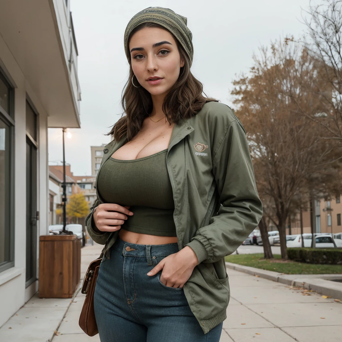 Extremely busty thin and toned brunette photographer, college girl, fair skin, loose side braid, soft face, athletic, bandana babushka headwrap, tight olive green casual windbreaker, skinny jeans. standing in front of her apartment building, outdoors, city, camera bag, cleavage 