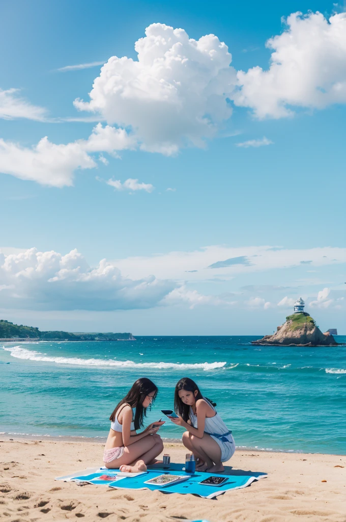 Beach, A group of teenagers watching tablets, Illustration style, Beach, seaside, Highest quality 4K, Color Field painting, UHD