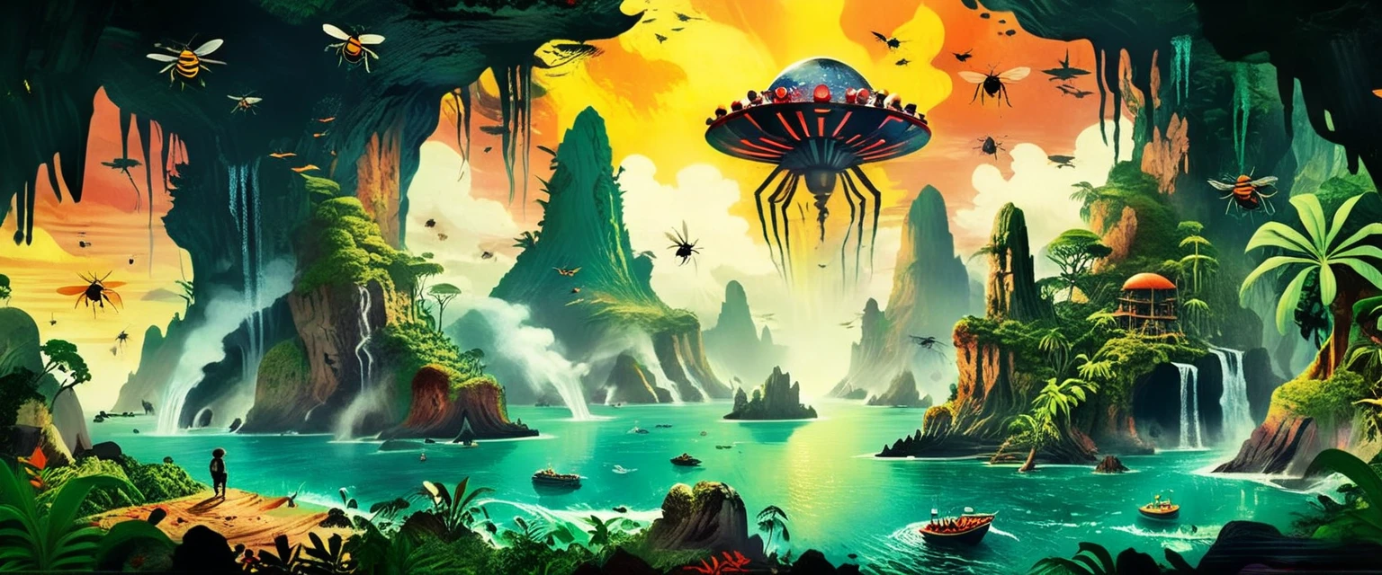 Mysterious Island、Lush tropical vegetation、The towering cliffs、Crashing Waves、ancient ruins、A swarm of giant flying insects、UFO、Spaceman、Volcanic eruptions、Shining Crystal、Mysterious atmosphere、Dramatic lighting、Cinematic composition、Calm colors、atmospheric ambience、EdobHorrorLandscape、Children's Illustration Style、vintage comic book