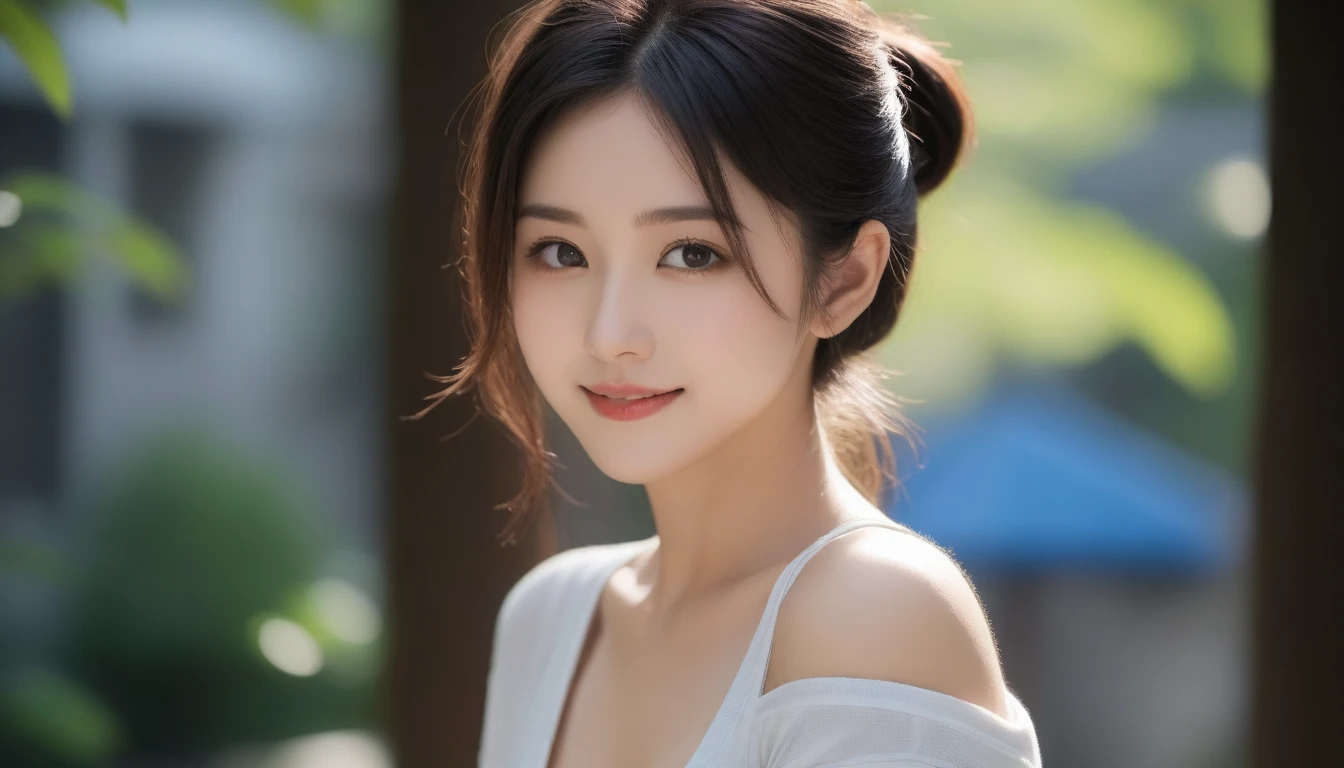 8k, Ultra-high resolution, Highest quality, masterpiece, 三分割法によるphotograph,Surreal, photograph, 1 Girl, (:1.3), pretty girl, Cute Face, Beautiful eyes in every detail, 細かくdetailedに,masterpiece,One Girl:1.2, Japan Female Announcer,extream close up,smile,Black Hair,Side undercut,street tree,Urban area,Young Wife,healthy,Sports Bra,Bra Top,Shorts,Natural Makeup,Realistic Skin, Perfect and beautiful face ,完璧でCute Face, Skin with attention to detail, Perfect limbs、Narrow waist、Thin legs),Looking at the audience、beauty,Long neck、(((Ideal body type))),A cup small breasts :2,Portraiture:2,Perfect Anatomy,鮮明なdetailed,detailed,Surreal,Light and shadow,dappled sunlight