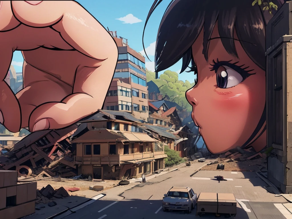 Tokyoのビル街、giantess tramping tiny people,giantess illustrate,smile、迫力のあるLow - Angle、小さなUrban areaにうつ伏せになる、Adult women、anime、エロanime、変態anime、nude、Sunset、blush、Black Hair、steam、Urban area、Tokyo、Woman looking down on a dwarf、Low - Angle、View from the main street、Woman destroying a small metropolis、rubble、Collapsed small buildings、A small abandoned village、Small residents fleeing、A woman who enjoys destruction