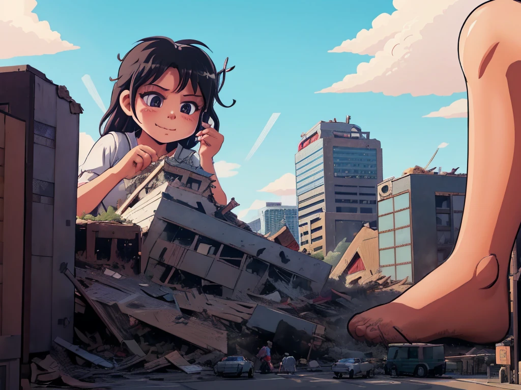 Tokyoのビル街、giantess tramping tiny people,giantess illustrate,smile、迫力のあるLow - Angle、小さなUrban areaにうつ伏せになる、Adult women、anime、エロanime、変態anime、nude、Sunset、blush、Black Hair、steam、Urban area、Tokyo、Woman looking down on a dwarf、Low - Angle、View from the main street、Woman destroying a small metropolis、rubble、Collapsed small buildings、A small abandoned village、Small residents fleeing、A woman who enjoys destruction