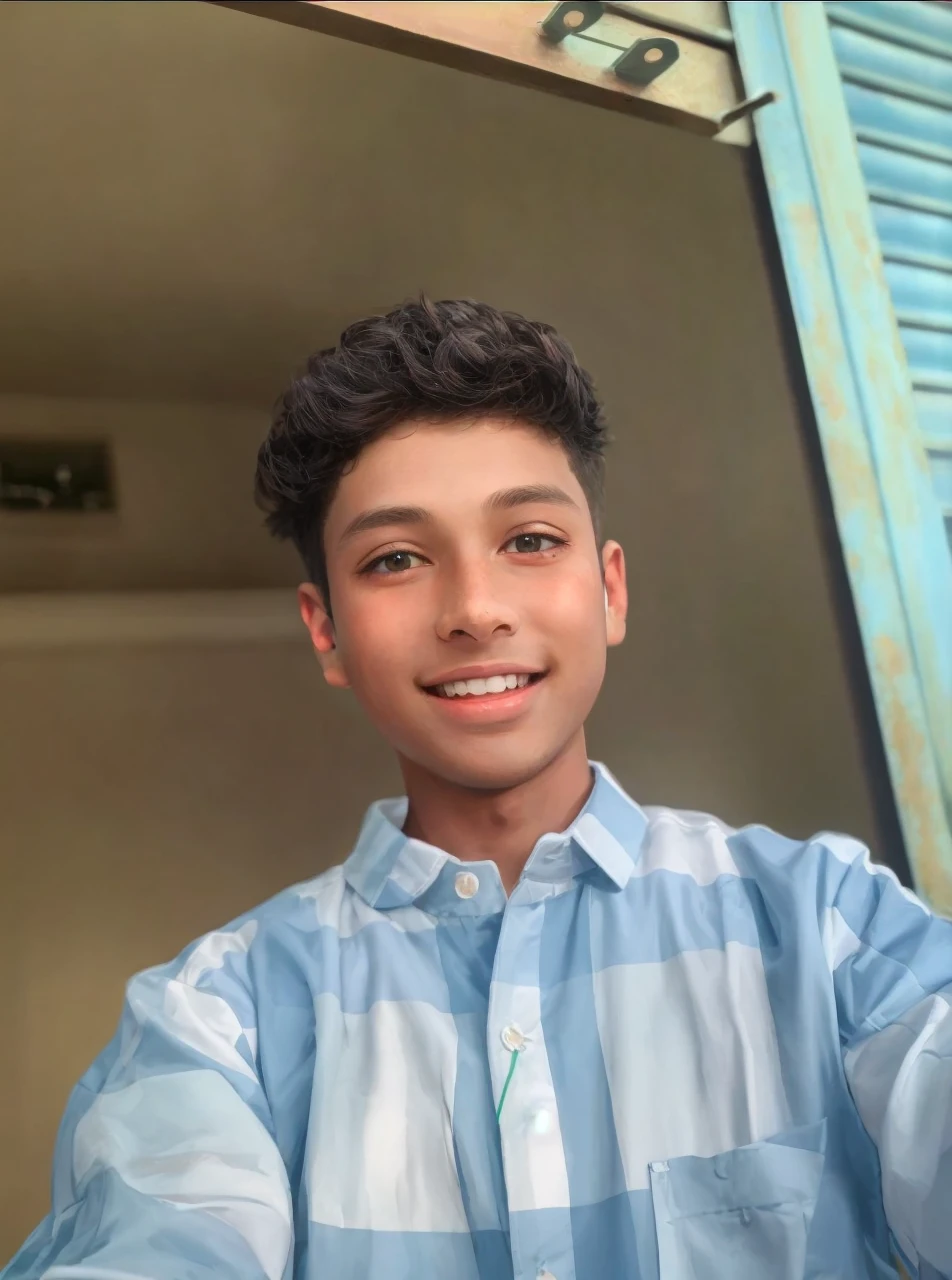 a cute little boy, 1 boy singing, wear an orange shirt, brown robe, brunette color hair, 黑The eye, Elaborate Eyes, Happy smile, There are headphones, clean backdrop, Delicate gloss, 8K