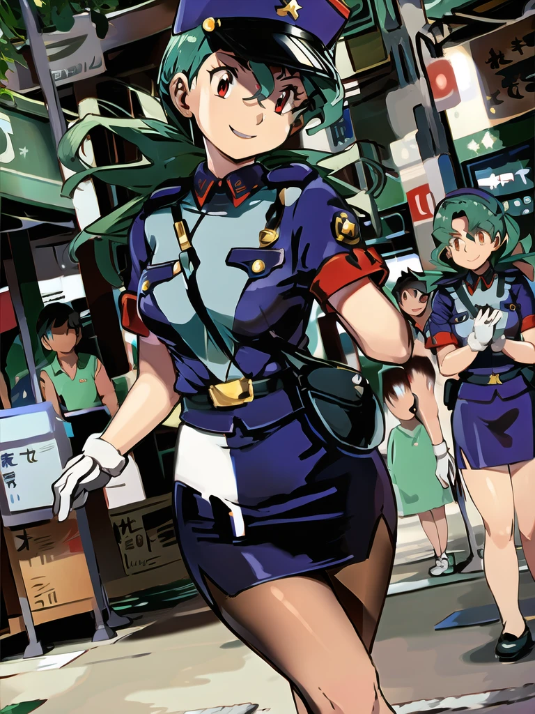 masterpiece, best quality, ultra-detailed, officer jenny, pokemon, 1girl, solo, long hair, smile, red eyes, green hair, white gloves, police hat, miniskirt, bag, star (symbol), uniform, blue skirt, blue shirt, pencil skirt, brown pantyhose, police uniform, realistic, city background volumetric lighting, intricate details, tonemapping, sharp focus, hyper detailed