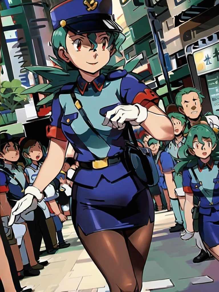 masterpiece, best quality, ultra-detailed, officer jenny, pokemon, 1girl, solo, long hair, smile, red eyes, green hair, white gloves, police hat, miniskirt, bag, star (symbol), uniform, blue skirt, blue shirt, pencil skirt, brown pantyhose, police uniform, realistic, city background volumetric lighting, intricate details, tonemapping, sharp focus, hyper detailed