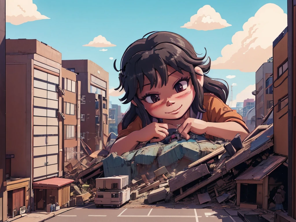 Urban Department、giantess eating tiny people,vore illustrate,Smile and open your mouth wide、迫力のあるLow - Angle、Eatable POV、小さなUrban areaにうつ伏せになる、Adult women、anime、エロanime、変態anime、nude、Sunset、blush、Black Hair、Brown Hair、smile、steam、Urban area、Tokyo、Woman looking down on a dwarf、Low - Angle、View from the main street、Horror、Woman destroying a small metropolis、rubble、Collapsed small buildings、A small abandoned village、Small residents fleeing、A woman who enjoys destruction、Lifting a tiny person、Eat little people、Close-up of the mouth、Enlarged view of the face