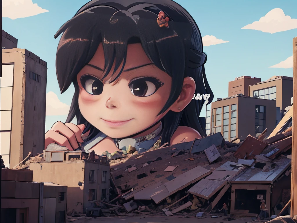 Tokyoのビル街、giantess eating tiny people,vore illustrate,smile、迫力のあるLow - Angle、小さなUrban areaにうつ伏せになる、Adult women、anime、エロanime、変態anime、nude、Sunset、blush、Black Hair、steam、Urban area、Tokyo、Woman looking down on a dwarf、Low - Angle、View from the main street、Woman destroying a small metropolis、rubble、Collapsed small buildings、A small abandoned village、Small residents fleeing、A woman who enjoys destruction