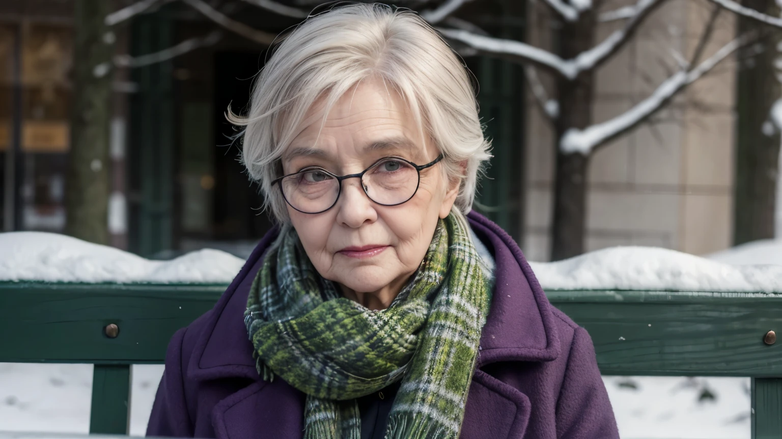 work of art, best qualityer, An old woman with glasses and a scarf, wearing a purple coat and green scarf, stopped not park