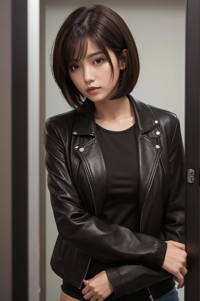 Dark brown short bob,Black jacket,Glance,Body Main
