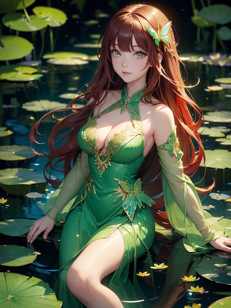 (Green dress), (Lotus pond), (Water lily pad), (Lotus: 1.3), (Butterfly: 1.4),(((red long hair))), (((red and gold eyes)))(Paper fan), (Floating leaves), (Wind), (Sleeping), (Transparent water: 1.1), (Moonlight: 1.3, perfectly matching the surrounding scenery. On a beautiful night, the moonlight shines on the water surface, creating a cam atmosphere. From above, viewers can see the water lilies and lotus flowers around her, and there is a mysterious light underwater that illuminates the elegant swimming fish around her. Many blue butterflies dance around the girl, and the green theme dominates the entire scene. The jade and its color scheme highlight the natural beauty of the pond. The murmuring water and moonlight add a peaceful mood, making it a perfect place for relaxation and reflection. Yellow eyes, She have big breast. Detailed eyes. Great eyes.