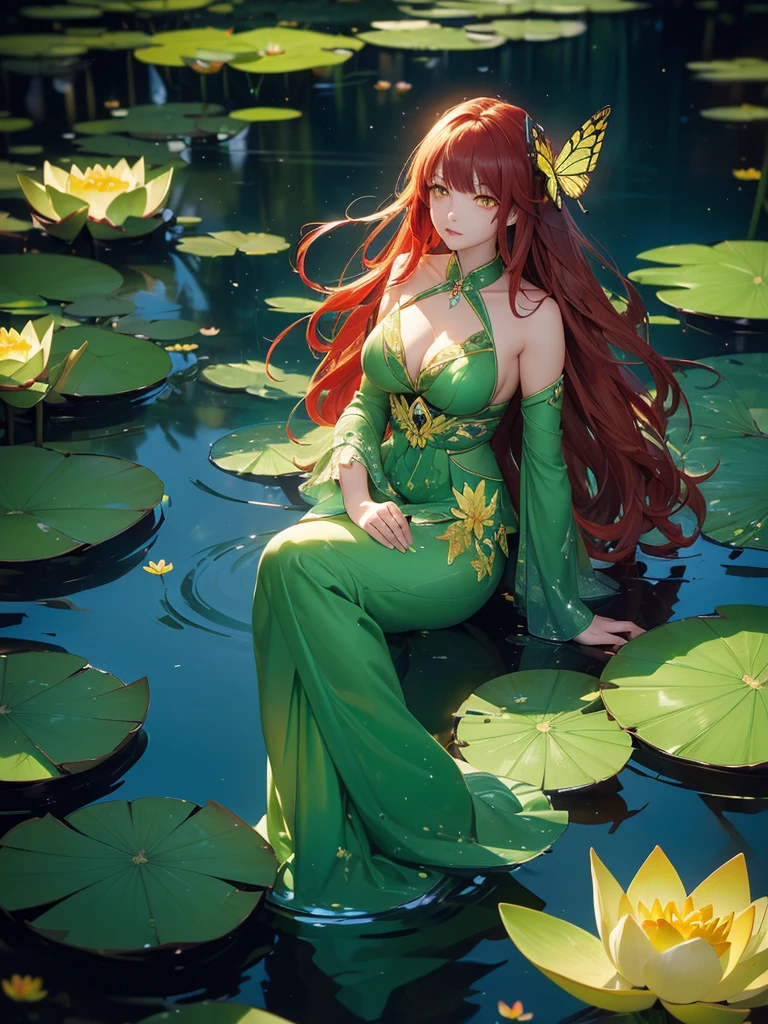 (Green dress), (Lotus pond), (Water lily pad), (Lotus: 1.3), (Butterfly: 1.4),(((red long hair))), (((red and gold eyes)))(Paper fan), (Floating leaves), (Wind), (Sleeping), (Transparent water: 1.1), (Moonlight: 1.3, perfectly matching the surrounding scenery. On a beautiful night, the moonlight shines on the water surface, creating a cam atmosphere. From above, viewers can see the water lilies and lotus flowers around her, and there is a mysterious light underwater that illuminates the elegant swimming fish around her. Many blue butterflies dance around the girl, and the green theme dominates the entire scene. The jade and its color scheme highlight the natural beauty of the pond. The murmuring water and moonlight add a peaceful mood, making it a perfect place for relaxation and reflection. Yellow eyes, She have big breast. Detailed eyes. Great eyes.