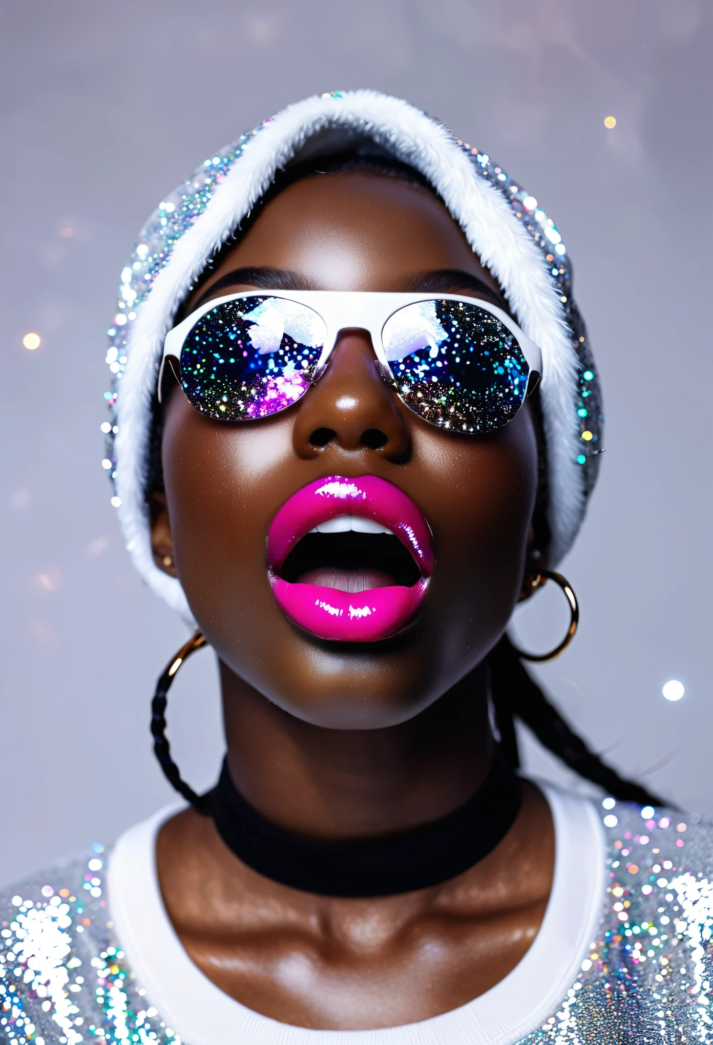 perspective photography: beautifull ebony rapper girl, open mouth, large lips, white texture glossy glitter streetwear clothes, half-body photo, realistic smudge luminous skin