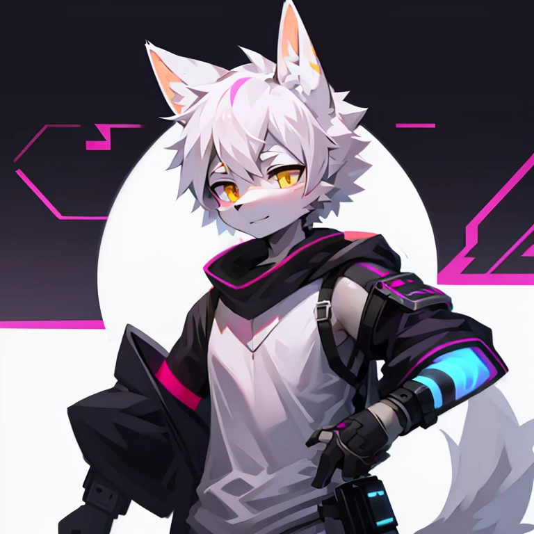 cyber punk perssonage，epcot，Tech style，solo person，White body，White ears，White hair，Overall white，Orange-yellow eyes，Wolf tail，Wolf orcs，Young，Wear a short-sleeved shirt，Ultra-clear screen，Soft lines