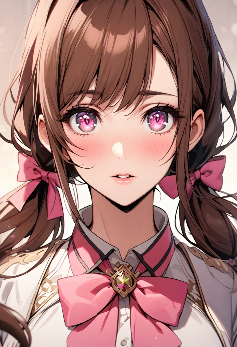 Girl, long hair, pretty, beautiful, main face, font face, pink eyes, pink bow tie, brown hair, beautiful detailed eyes, detailed hair, adult, mature, 2 pony tails hair
