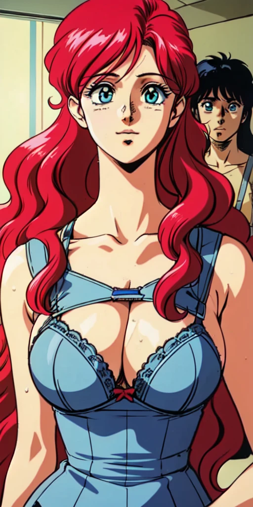 masterpiece, Upper body photo、Facing forward、Front view of Nene Romanova, 1 super busty sweaty sexy woman, Redhead, Long eyelashes, 1990s style,Browsing Caution, (super long wavy hair:1.2), (bra: 0.91), (Beautiful Face: 0.91), (Close ~ eyes: 0.91), (Detailed face: 0.91)、Bedroom