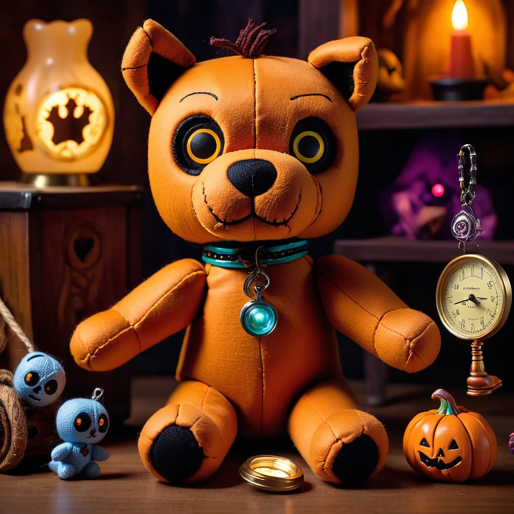 (knitted toy voodoo doll:1.7), (Voodoo Scooby-Doo:1.3), (Clothing: brown fur with black spots and a collar:1.0), (Accessories: enchanted magnifying glass, glowing Scooby snacks, mystical van keys:1.2), (background: spooky haunted house with floating, glowing ghosts and magical light:1.2), best quality, masterpiece, detailed soft oil painting, detailed background, dramatic cinematic lighting, soft edge lighting, professional, dramatic lighting, hard edge lighting, ultra quality, 4k, masterpiece, best quality, 8k, ultra high definition, high resolution, extremely detailed