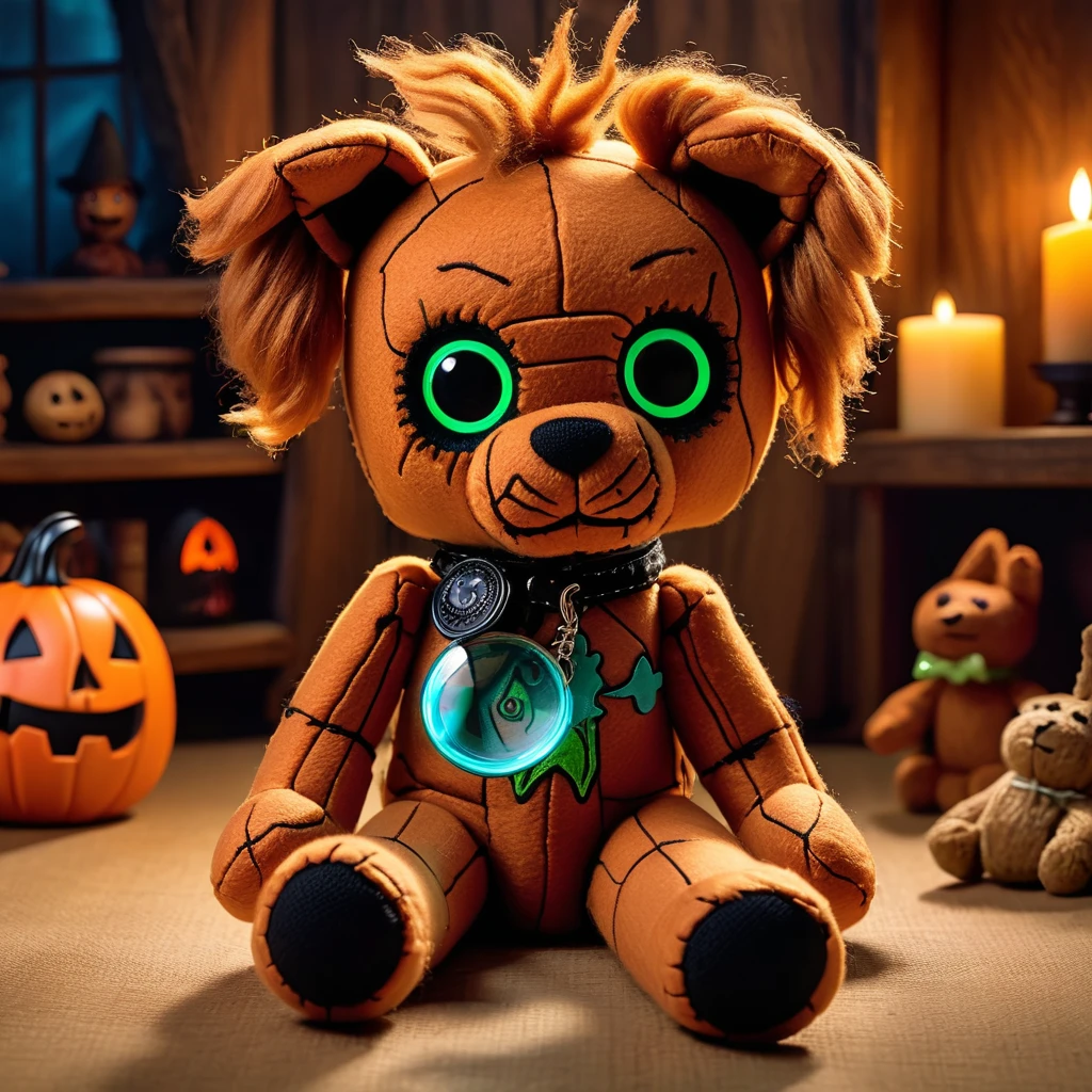 (knitted toy voodoo doll:1.7), (Voodoo Scooby-Doo:1.3), (Clothing: brown fur with black spots and a collar:1.0), (Accessories: enchanted magnifying glass, glowing Scooby snacks, mystical van keys:1.2), (background: spooky haunted house with floating, glowing ghosts and magical light:1.2), best quality, masterpiece, detailed soft oil painting, detailed background, dramatic cinematic lighting, soft edge lighting, professional, dramatic lighting, hard edge lighting, ultra quality, 4k, masterpiece, best quality, 8k, ultra high definition, high resolution, extremely detailed