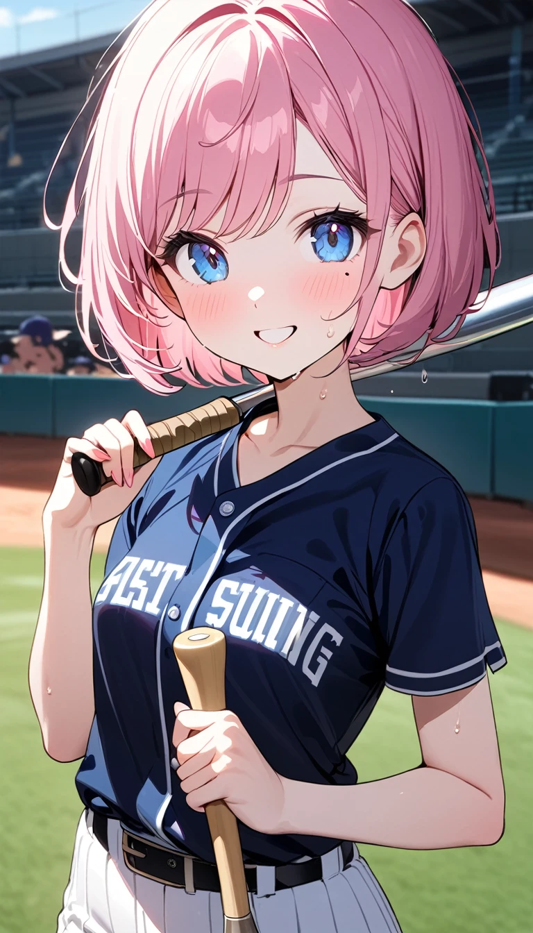 (1 girl),(Best Picture Quality, 8K, Masterpiece:1.3), (high school student:1.5), ((pink lob hair:1.1)), (bob cut),(swept bangs), (cute eyes, pupil black, iris skyblue, youthful face), (mole under right eye), (standard weight), (small breasts), (glistening skin:1.1),(pale skin:1.2),((baseball uniform)),(Smile),(sweat),(short sleeve),(baseball bat),(baseball bat swing).