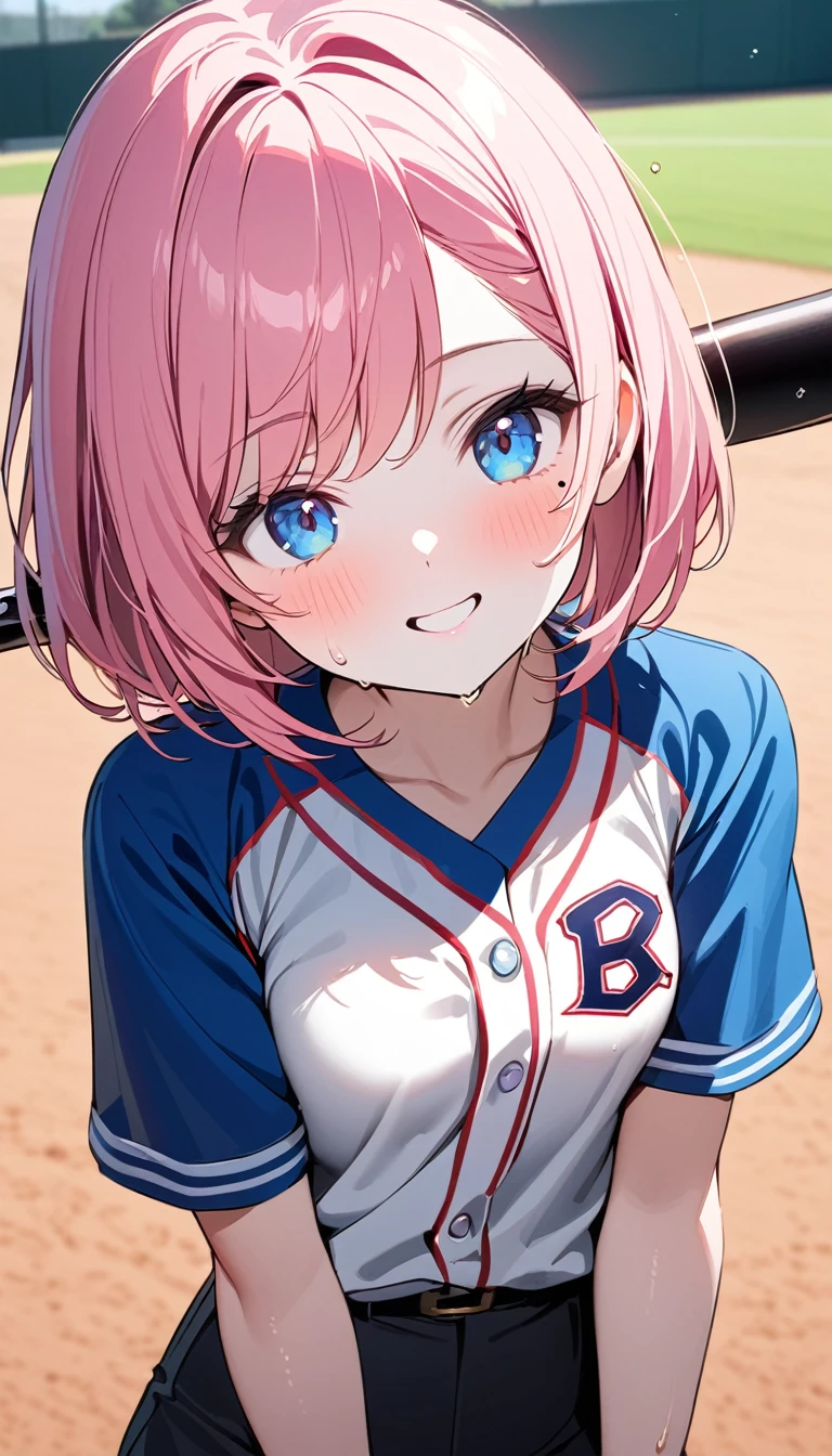 (1 girl),(Best Picture Quality, 8K, Masterpiece:1.3), (high school student:1.5), ((pink lob hair:1.1)), (bob cut),(swept bangs), (cute eyes, pupil black, iris skyblue, youthful face), (mole under right eye), (standard weight), (small ), (glistening skin:1.1),(pale skin:1.2),((baseball uniform)),(Smile),(sweat),(short sleeve),(baseball bat),(baseball bat swing),((magnificent view)).