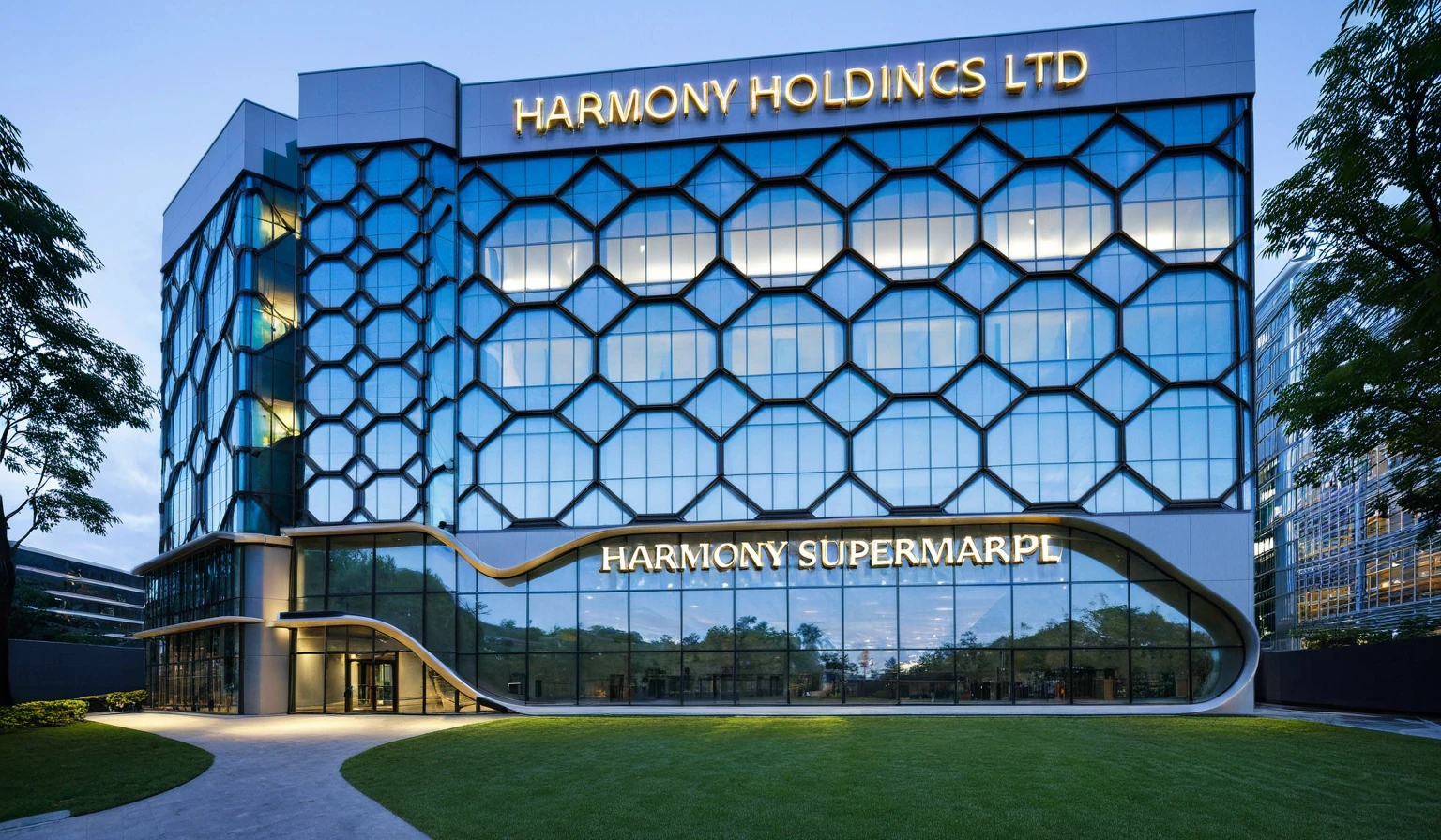 Harmony Holdings Ltd. is a prominent office building situated on a bustling street, teeming with activity. The building stands tall and elegant, with its modern architectural design catching the eyes of passersby. The facade is a blend of glass and steel, reflecting the vibrancy of the city around it. As you approach the building, you notice the well-manicured landscaping that adds a touch of greenery to the urban setting. The entrance is grand, with automatic sliding doors welcoming employees and visitors alike. The lobby is spacious, featuring sleek furnishings and contemporary artwork that creates a professional yet inviting atmosphere. Inside, the office spaces are designed to maximize efficiency and comfort. Large windows allow natural light to flood the rooms, providing a pleasant working environment. The open-plan layout fosters collaboration among team members, while private meeting rooms offer spaces for focused discussions and client meetings, glass wall ,road,pavement, grass, trees, sky, cloud, (nightlight:1.1)