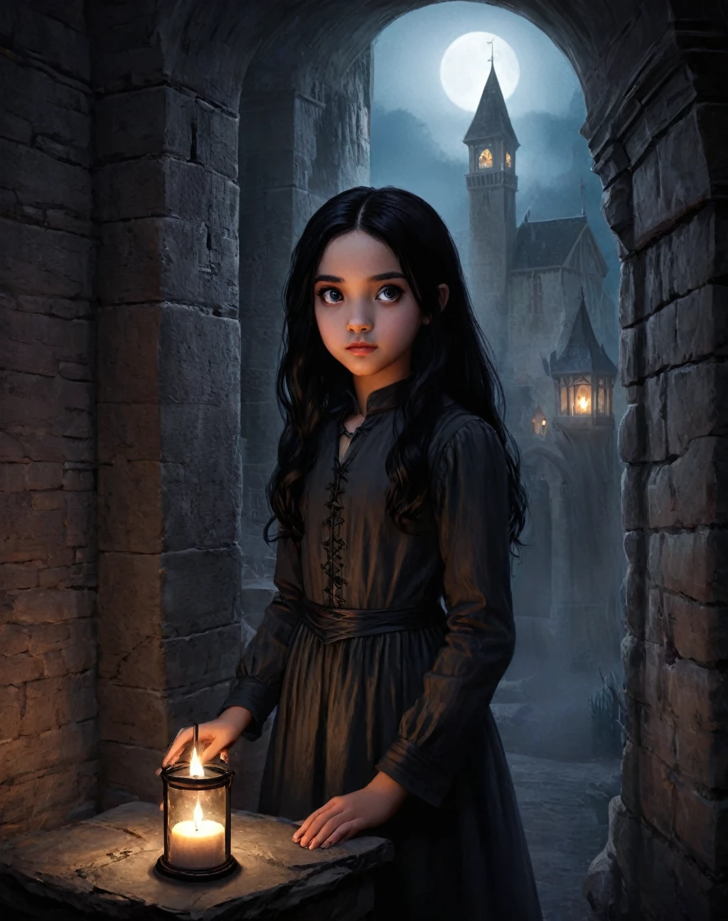 illustration of 11 years old daughter of severus snape, 11 years old,  black hair black eyes youngest cute face, from the Canterville Ghost, furtively observing a group of followers of the Goddess Freia who are celebrating a forbidden ritual inside a mysterious cave. We are sure that only a talented artist like you will be able to capture the essence of this magical and mysterious encounter. Your drawing will be fundamental for the creation of a unique publication, which combines the gothic atmosphere and the charm of the supernatural. Remember to add evocative details, such as candle flames dancing in the dark, shadows moving ominously along the rock walls, and Virgin Otis' claws clinging to the stone. Highlight the aura of mystery and emotion that this forbidden encounter evokes.
