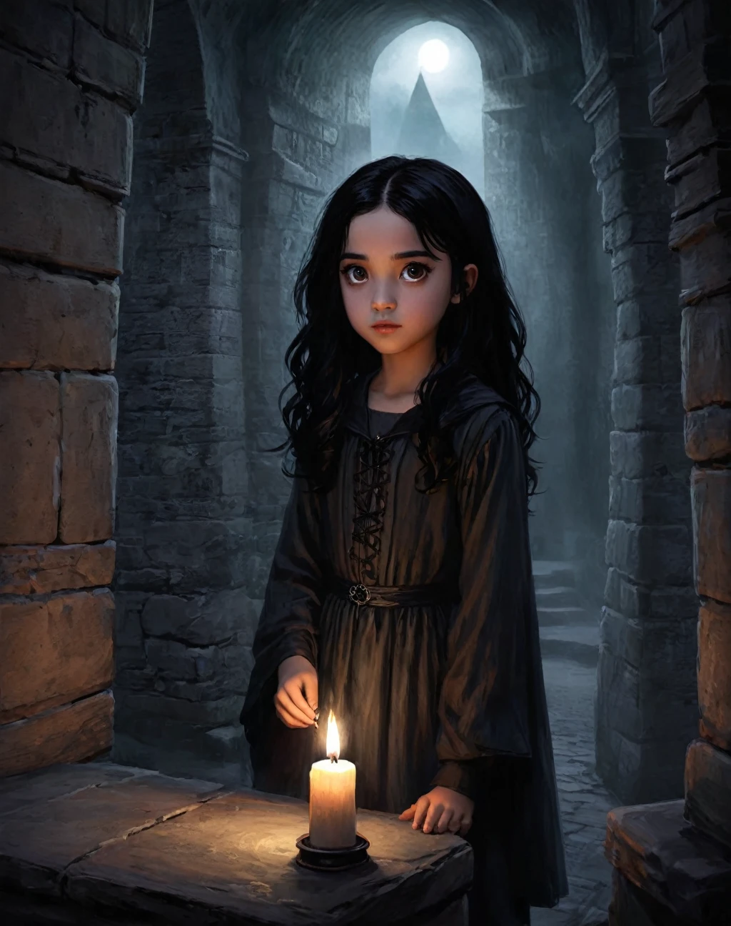 illustration of 11 years old daughter of severus snape, 11 years old, black hair black eyes youngest cute face, from the Canterville Ghost, furtively observing a group of followers of the Goddess Freia who are celebrating a forbidden ritual inside a mysterious cave. We are sure that only a talented artist like you will be able to capture the essence of this magical and mysterious encounter. Your drawing will be fundamental for the creation of a unique publication, which combines the gothic atmosphere and the charm of the supernatural. Remember to add evocative details, such as candle flames dancing in the dark, shadows moving ominously along the rock walls, and Virgin Otis' claws clinging to the stone. Highlight the aura of mystery and emotion that this forbidden encounter evokes.