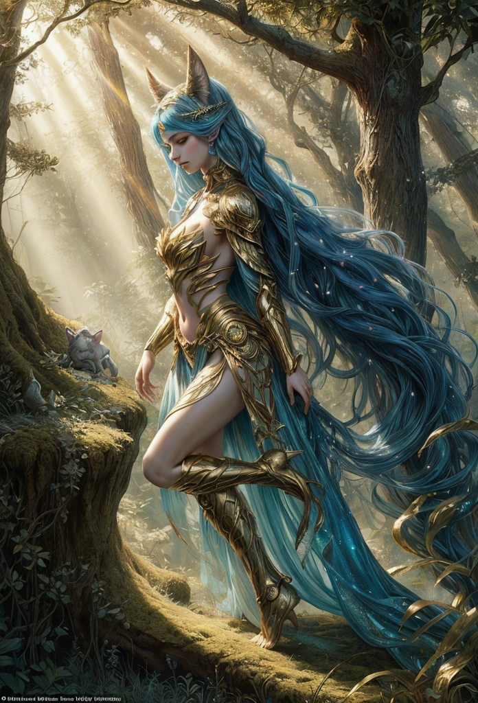 A beautiful, enchantingly elusive humanoid faunus woman, every aspect exudes magic in the midst of danger: shimmering rainbow fur, ethereal golden horn, and eyes that seem to hold the secrets of the universe. The mystical creature is surrounded by a lush, enchanted forest, bathed in the soft light of the setting sun, creating a dreamlike atmosphere that transports viewers to a realm of fantasy and wonder. This breathtaking image is a digital painting that captures the essence of the mythical creature with stunning detail and masterful technique, making it a truly mesmerizing work of art.