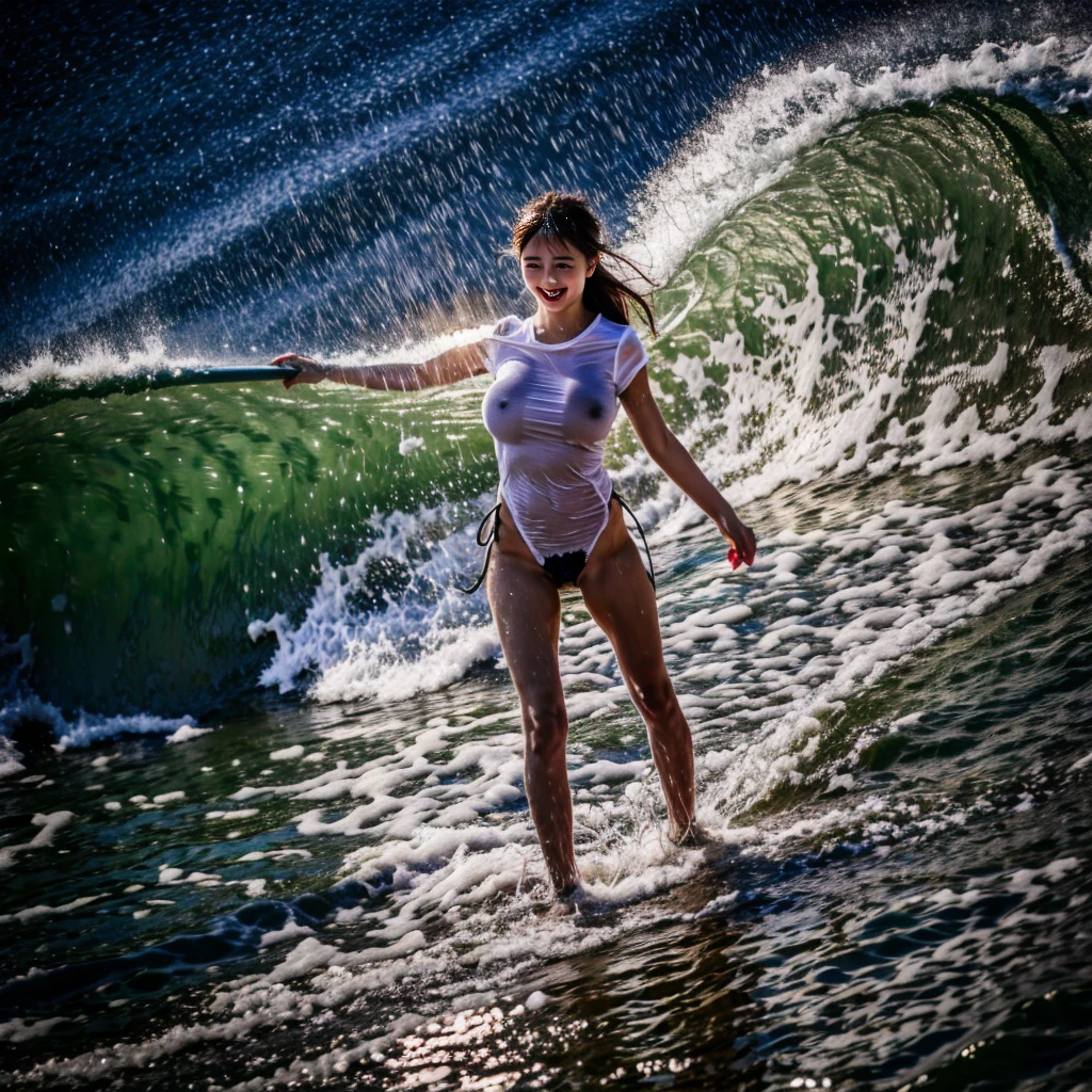 (ZoomedOut:1.28, Wide-shot) ZoomLayer (Epic photo of surfer magazine:1.37). (Full of Water, Everything Wetted:1.4) WetHair (extremely detailed Cute Girl)(SparklingHighlights:1.28), Dynamic Joyful Expressions LifeLike Rendering  . Overflowing Gigantic Sideboob (Clearly Visible Beautiful Breast to Buttocks Line) Tiny and Roundly Butt, Detailed wet clothing texture, (Sloppy Surfboard:-1.2) Riding on waves, Sparkling water, TyndallEffect(Starry Water Particles:1.32), {Wet T-shirt}, Whole Body proportions and all limbs are anatomically accurate