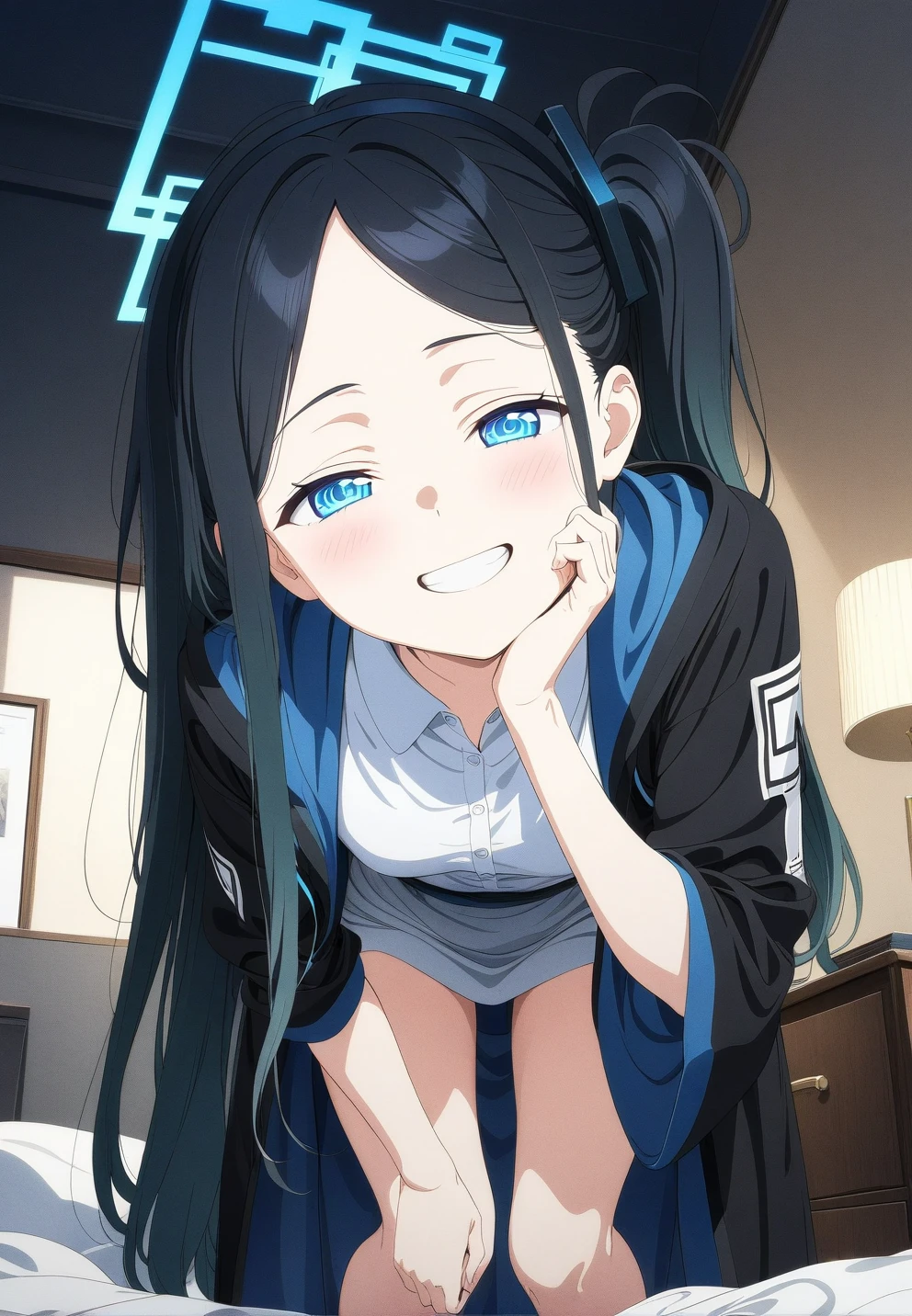 1女の子, 一人で, Tsurime, 笑い, 大きい口, ダイナミックなポーズ,(perfect face), (detailed face), ultra detailed, best quality, (masterpiece:1.1), 8k cg wallpaper, stunning art, beautiful hair, (hand with five fingers:0.6), a girl, very cute face, (idol, young face:1.3), in heat, wistful face, look at viewer with shyly eyes, shyly eyes, black hair, twin tail, (arms behind the head, (squatting, spread legs widely:1.3), in front of viewer、スカートリフトアップ