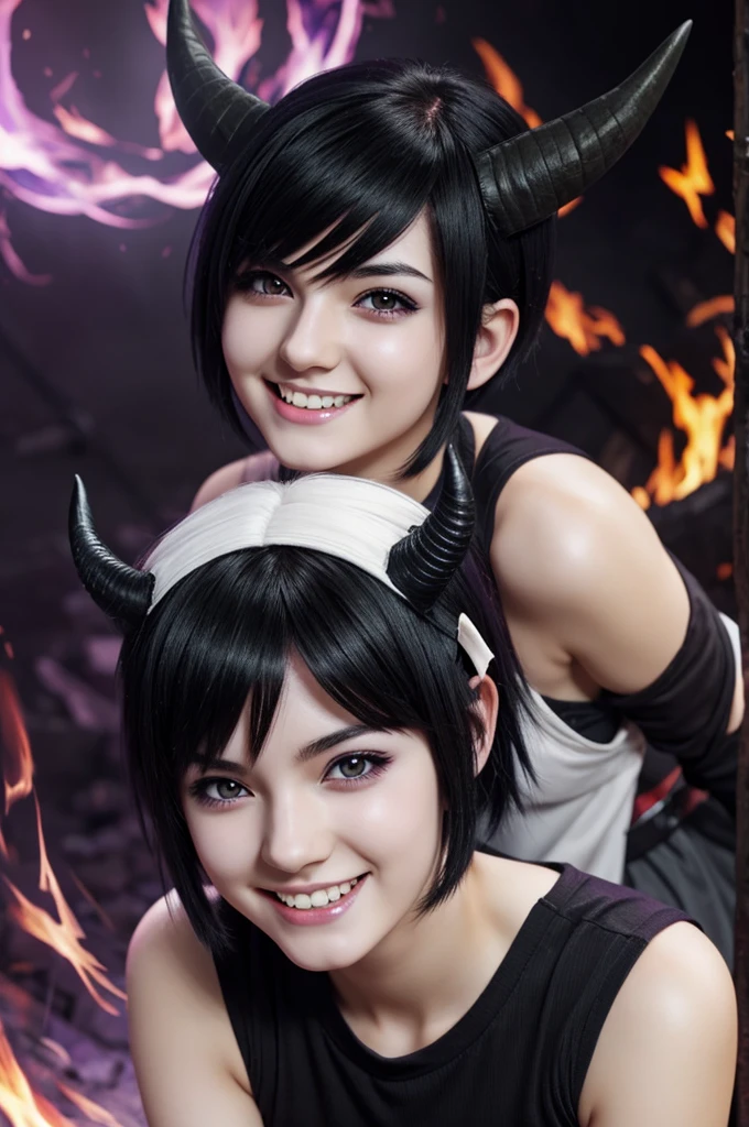 Anime style girl with short black hair, with horns and fangs, pale skin and a scar on the left eye, smiling while around there is purple fire