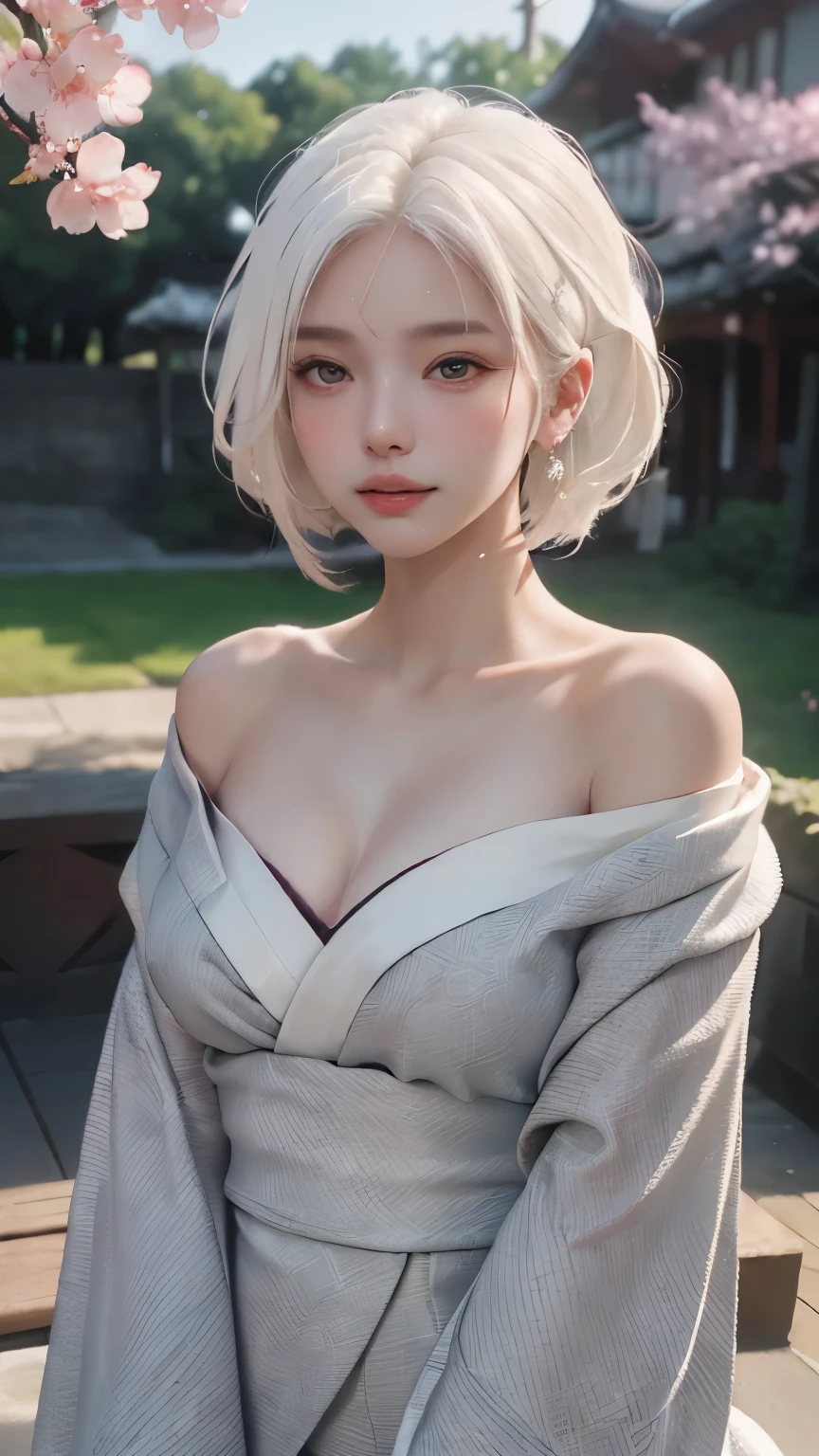 ((Hairstyled white hair:1.5))(Japan kimono with cherry blossom pattern:1.3), Symmetric, (highest quality, Photorealistic:1.4, Raw photo:1.2, Cinematic light, Highly detailed illustration), (1woman:1.3, alone), (Asian Girl, Very delicate face, Super beautiful face, Very delicate eyes, Ultra detailed nose, Very sophisticated mouth, Highly detailed facial features), woman, (Medium Bust:1.3), skin, Lip gloss, Laughter, Full Body View, High resolution, High resolution, 32k, Masterpiece 2:1, Skin Radiance, Glowing Skin, Young girl, Falling cherry blossoms、off shoulder, shoulder blades、kimono,Beautiful nipples,A beautiful girl,