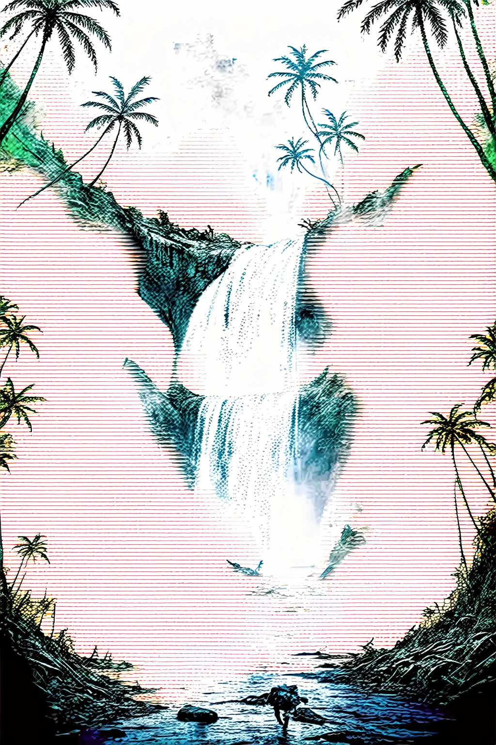 mysterious island, cinematic, image within image, multiple exposure, showcase island, over the shoulder, traversing path, tropical, rewilding, entropy, gritty, ????, 1990s, hand drawn, realism, traveling through jungle, waterfall, sense of adventure and danger, rough expressive sketch style, 